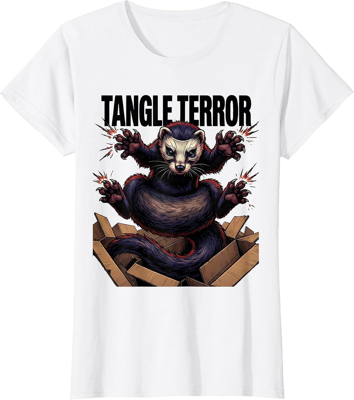 Women's Tangle Terror Cartoon Ferret Lover Gift Ferret Owner Humor T-Shirt - White