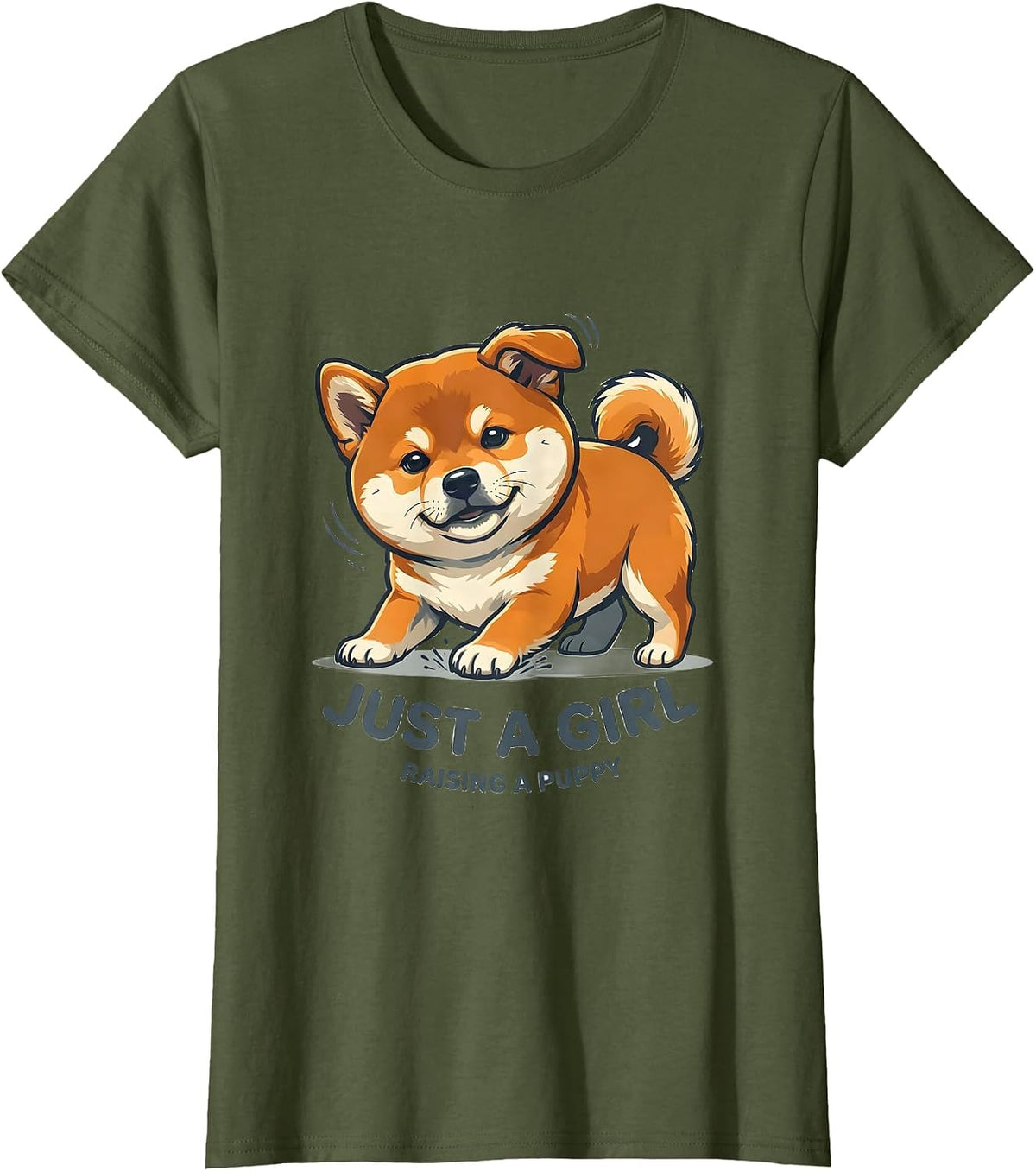 Women's Just A Girl Raising A Puppy Funny Shiba Inu Dog Lover Gift T-Shirt - Olive Green
