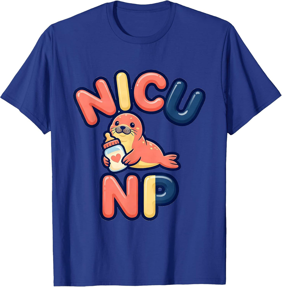 NICU NP Cute Animal Bubble-Letter Pediatric Nurse T-Shirt - Royal Blue