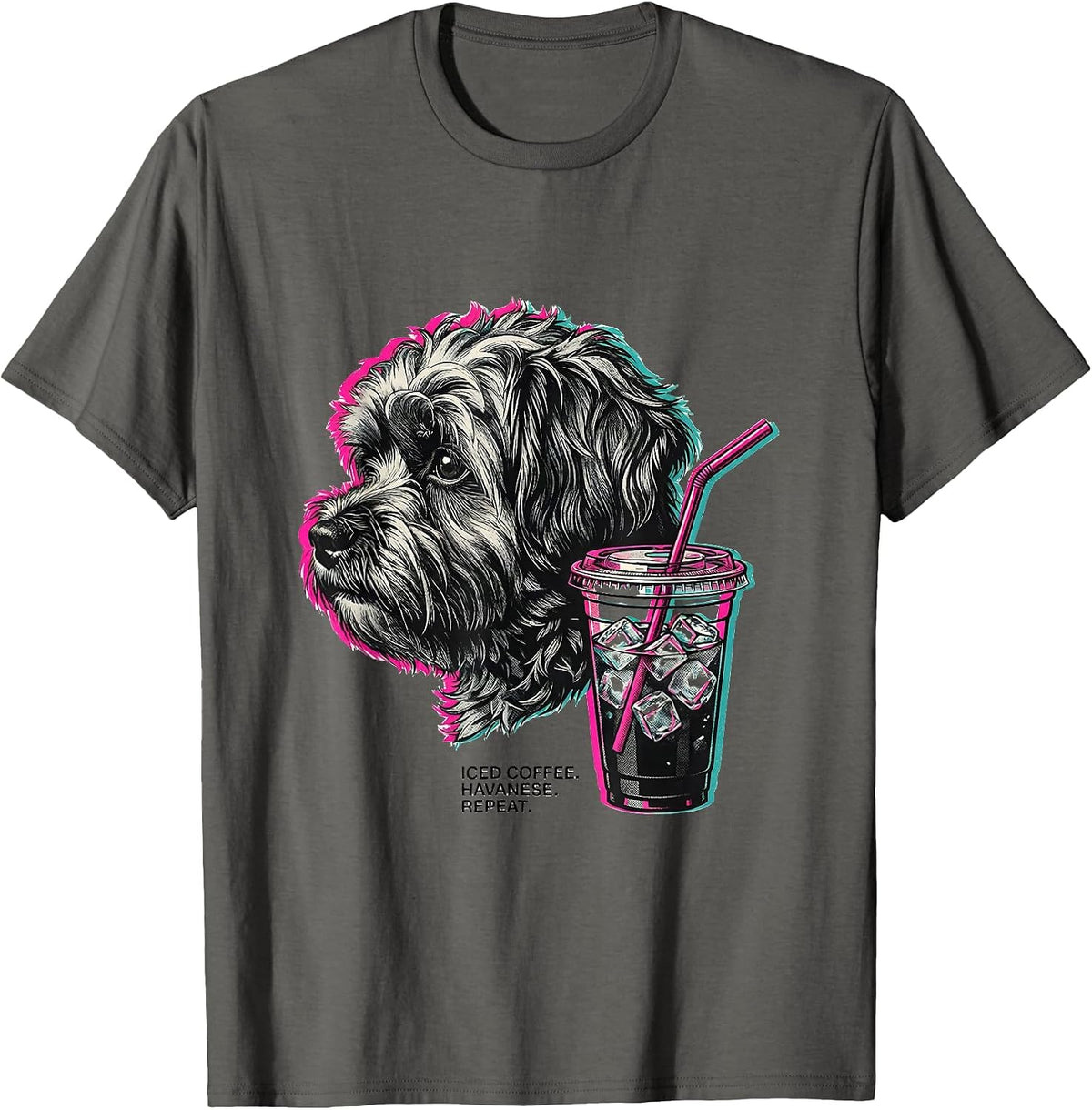Men's Iced Coffee Havanese Repeat Hipster Dog Breed Humor T-Shirt - Asphalt Grey