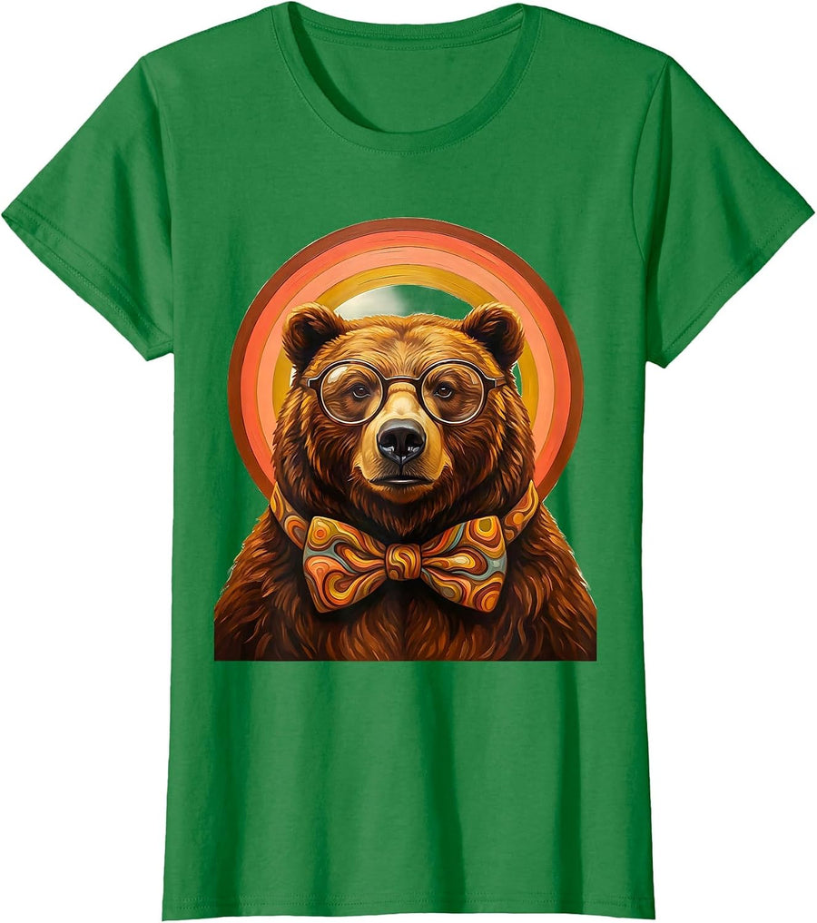 Women's Scholarly Bear Professor Glasses and Bowtie T-Shirt - Kelly Green