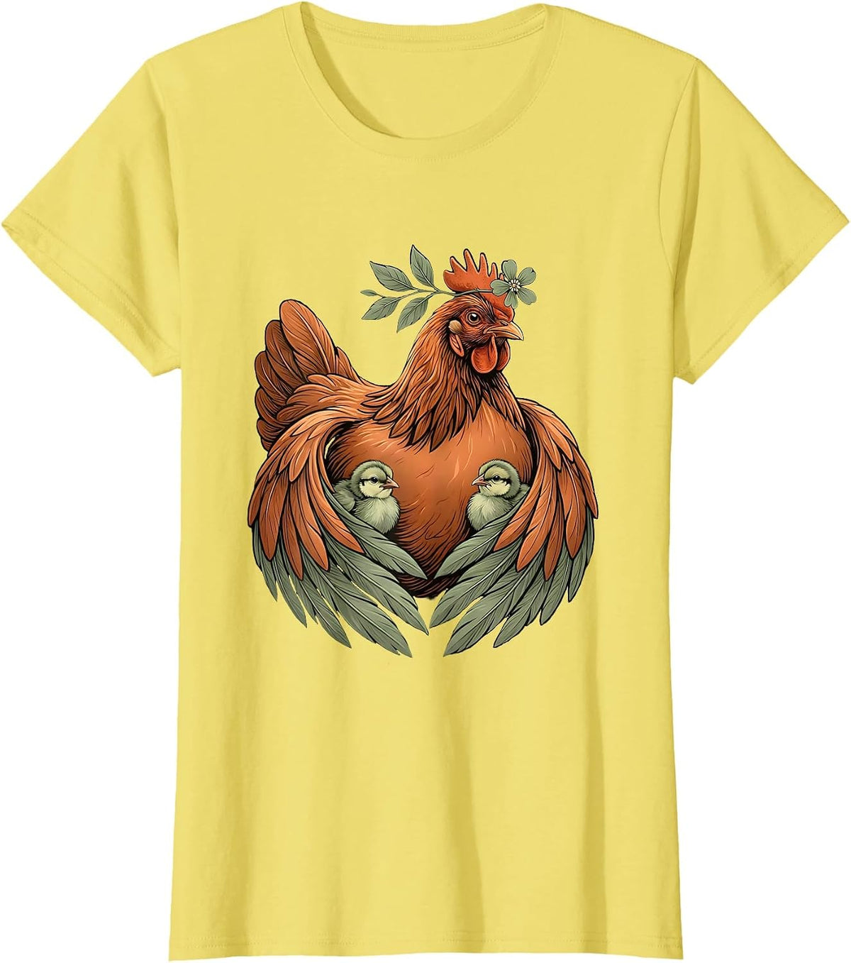 Mother Hen and Chicks Protective Love Illustration T-Shirt - Lemon Yellow