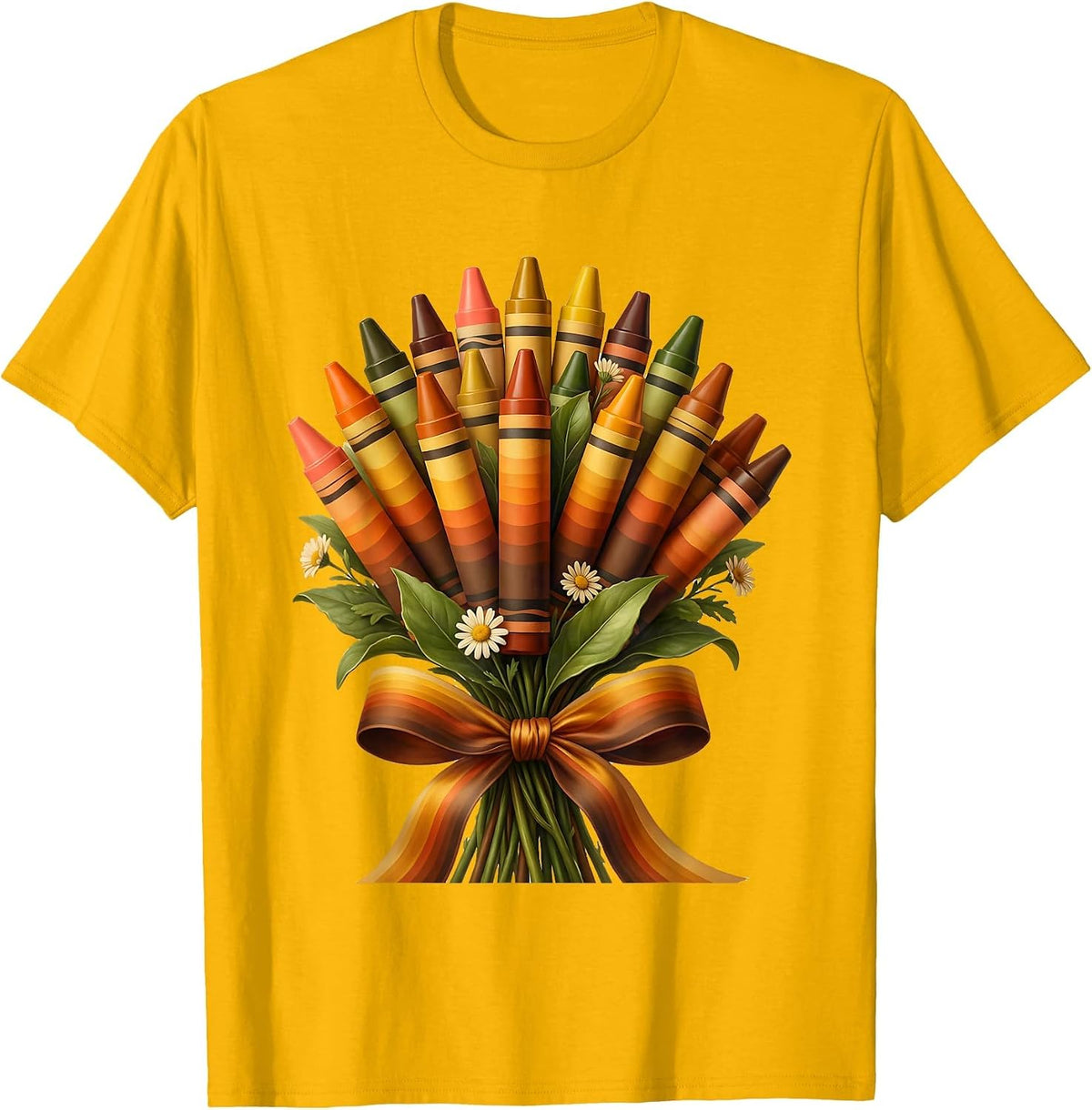 Crayon Bouquet Daycare Teacher Graphic Tee T-Shirt - Golden Yellow