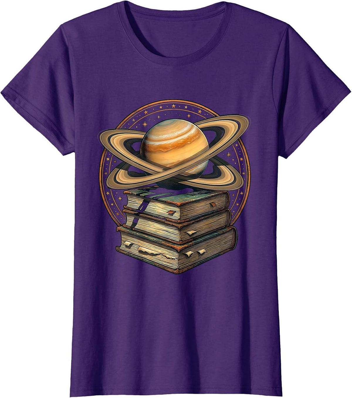 Women's Science Teacher Saturn Stacked Textbooks Graphic T-Shirt - Purple