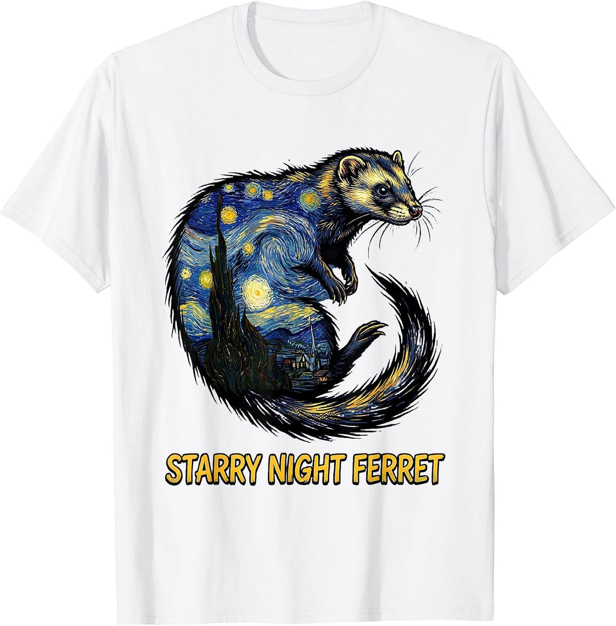 Men's Starry Night Ferret Comic Book Ferret Lover Art Homage T-Shirt - White