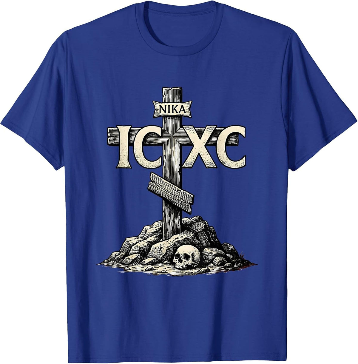 IC XC NIKA Vintage Eastern Orthodox Cross Christogram Skull T-Shirt - Royal Blue