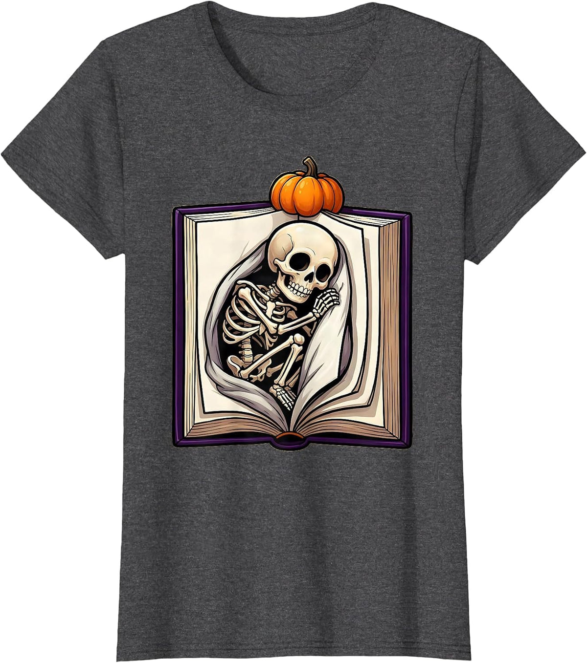 Women's Cheerful Skeleton Bookworm Cartoon Reader Halloween T-Shirt - Dark Heather Grey
