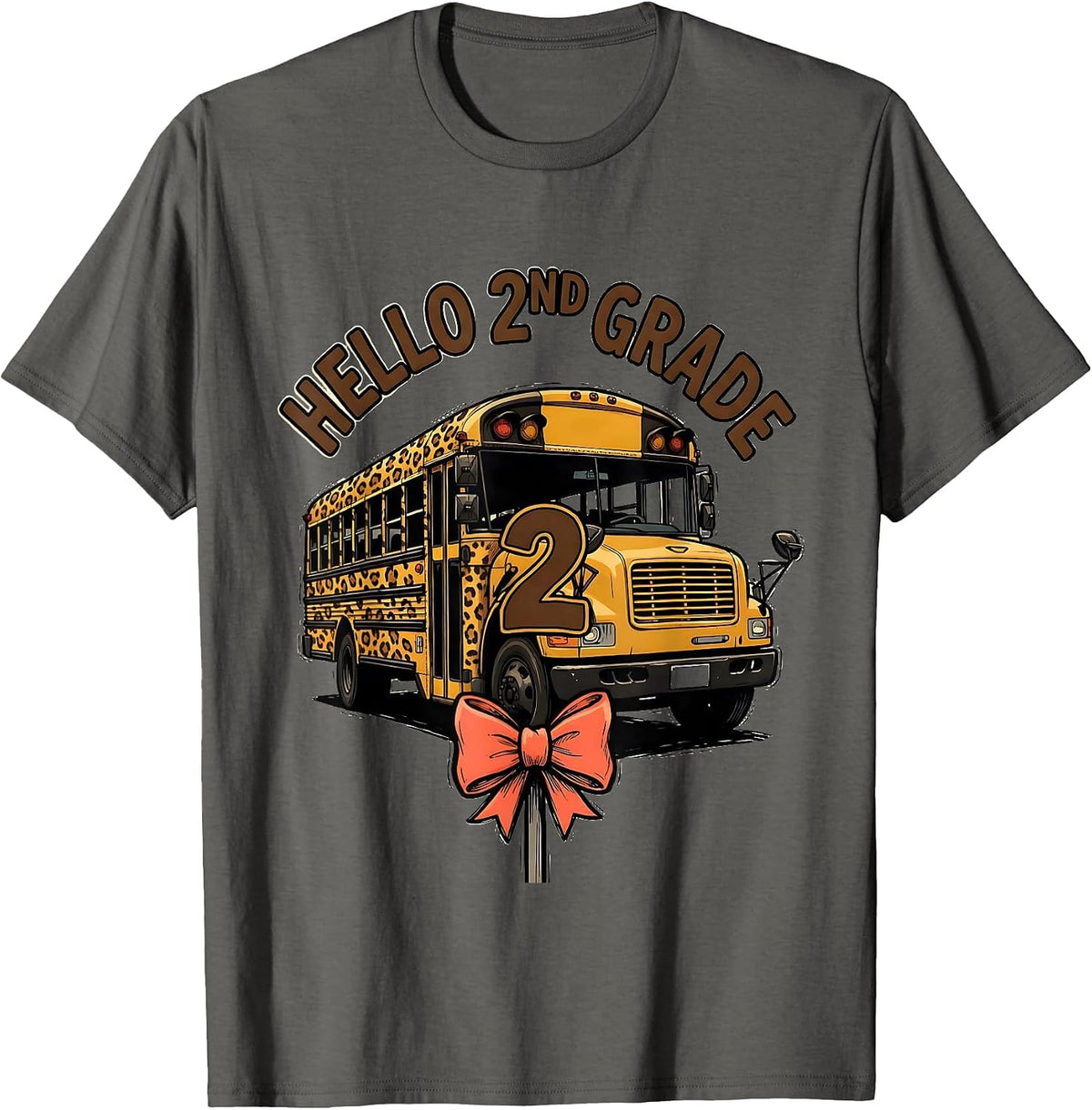 Hello 2nd Grade Leopard Rosette School Bus Back To School T-Shirt - Asphalt Grey