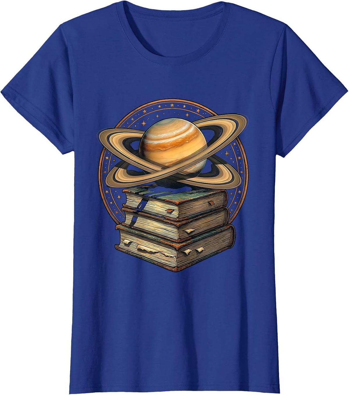 Women's Science Teacher Saturn Stacked Textbooks Graphic T-Shirt - Royal Blue