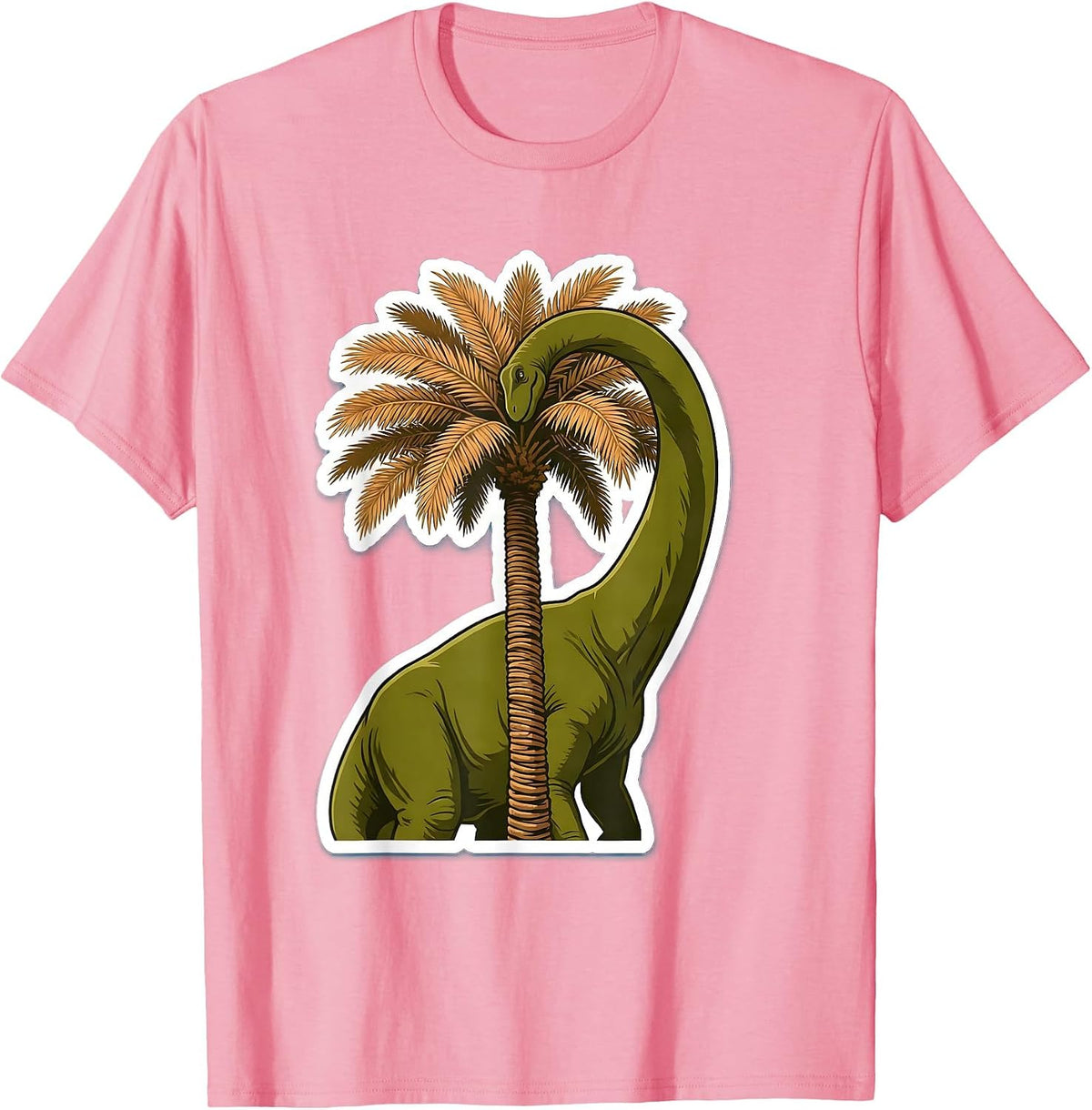 Diplodocus Dinosaur Eating From Tall Palm Tree T-Shirt - Pink