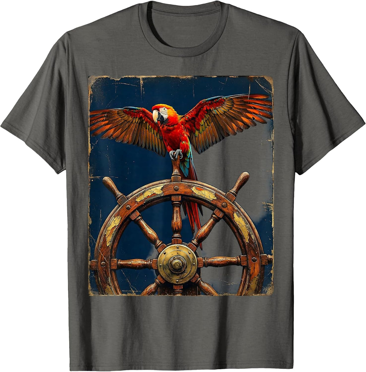 Men's Pirate Parrot on Ship's Helm Graphic Tee T-Shirt - Asphalt Grey