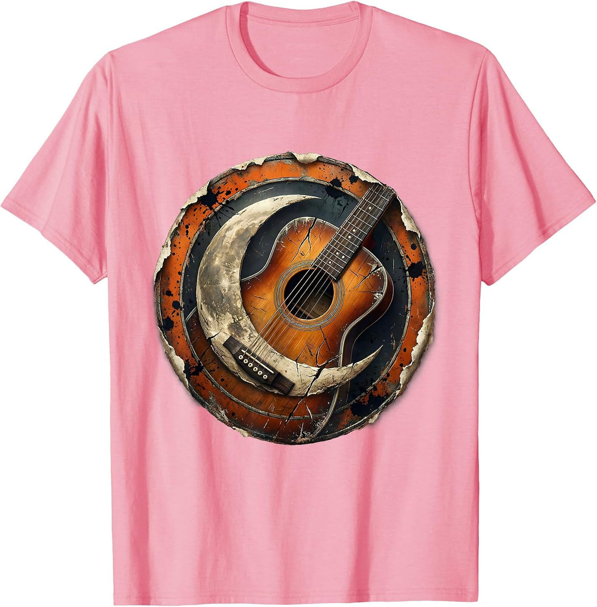 Men's Crescent Moon Acoustic Guitar Illustration T-Shirt - Pink