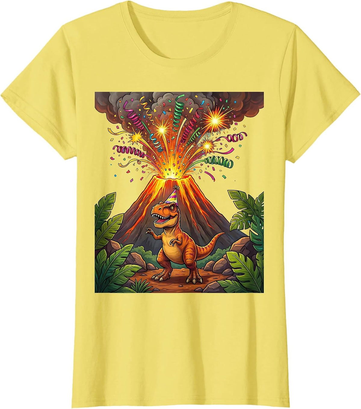 Women's Dinosaur Birthday Volcano Confetti Celebration T-Shirt - Lemon Yellow