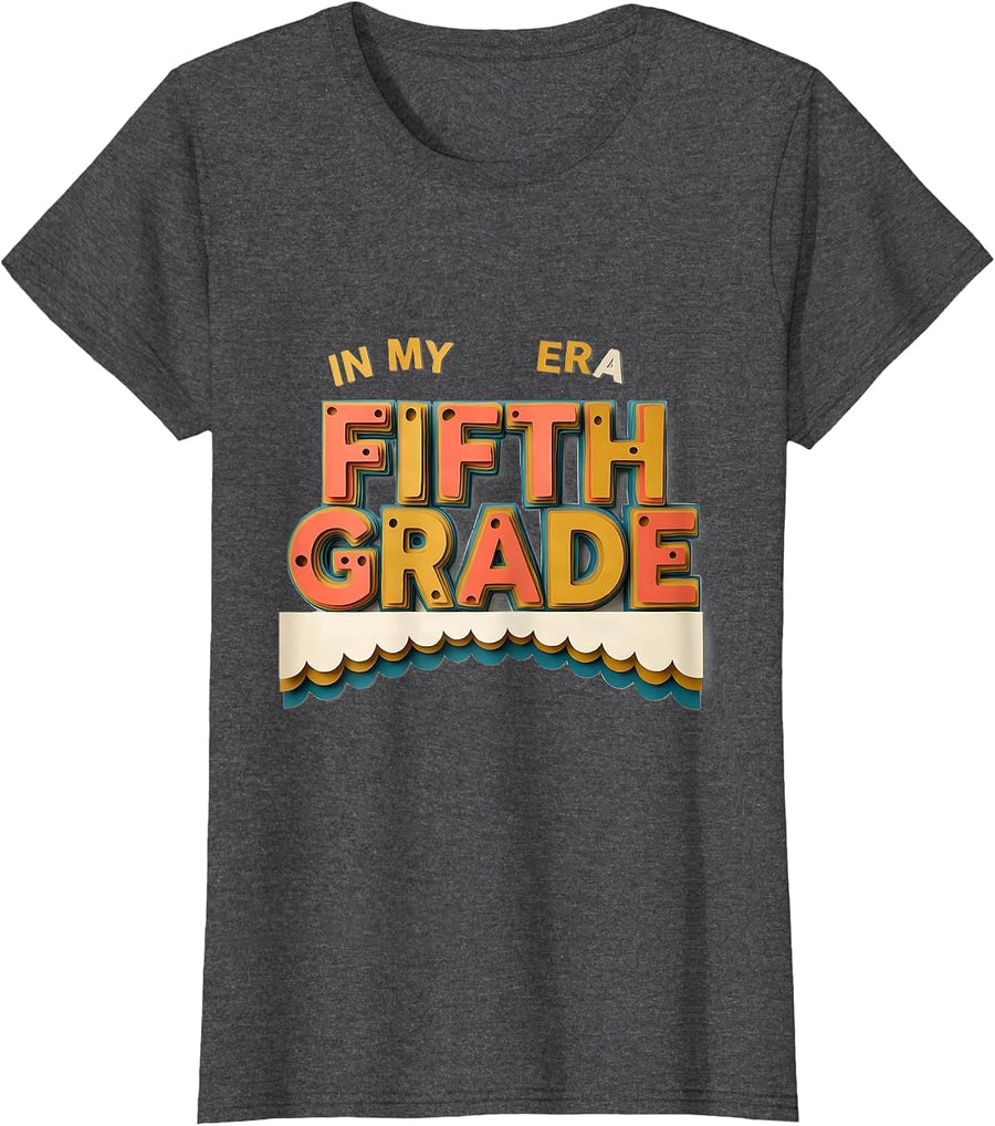 Women's In My Fifth Grade Era Retro Paper Cutout Girl Teacher Back T-Shirt - Dark Heather Grey