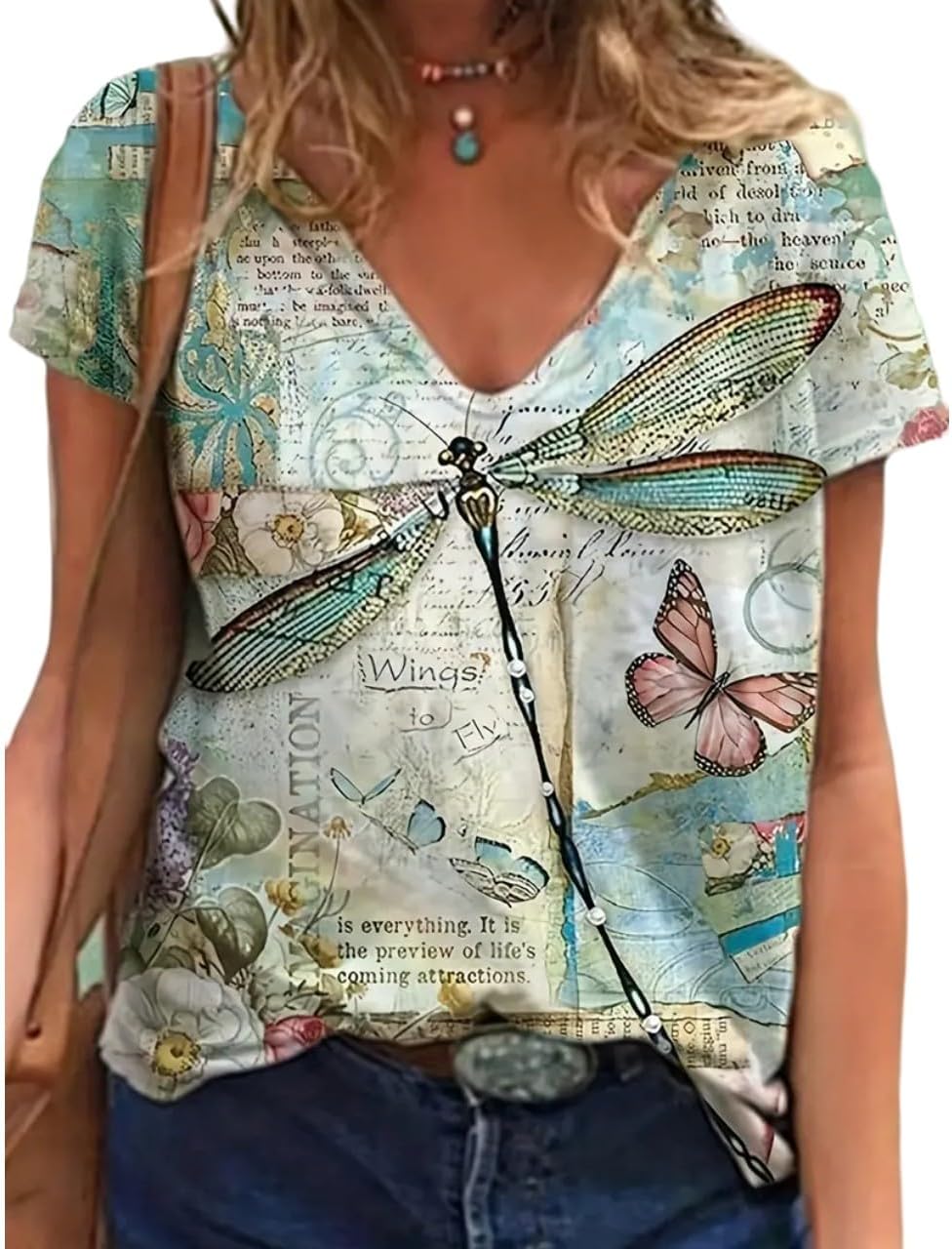 Beopjesk Womens Summer Giraffe Printed T-Shirt Funny Cute Animal Graphic Tees Tops - 327-dragonfly
