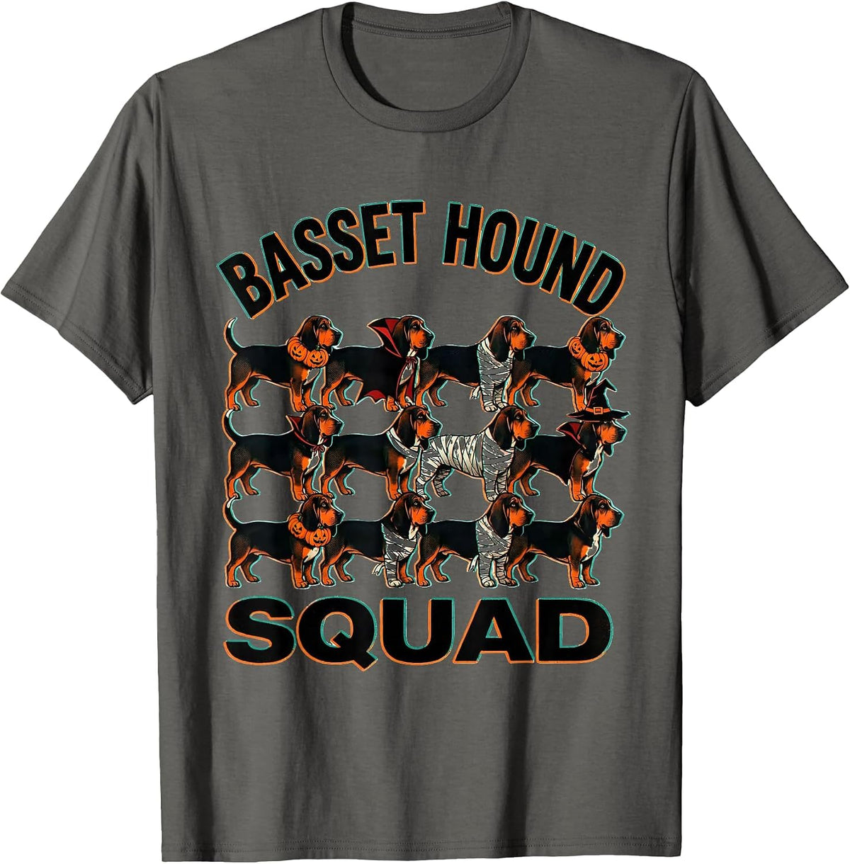 Men's Basset Hound Squad Halloween Pumpkin Vampire Mummy Witch Dog T-Shirt - Asphalt Grey