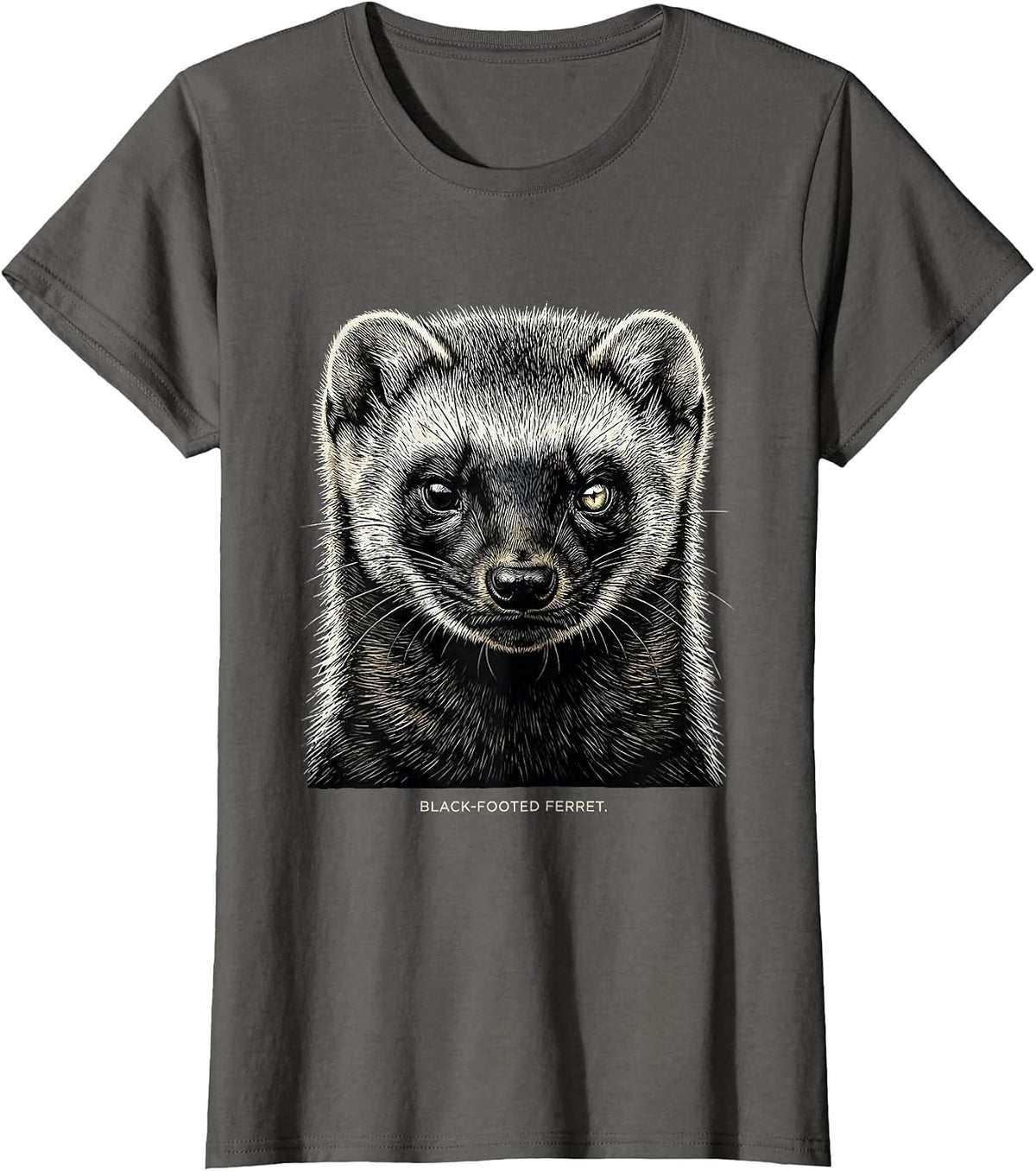 Women's BLACK-FOOTED FERRET Woodcut Engraving Wildlife Portrait T-Shirt - Asphalt Grey