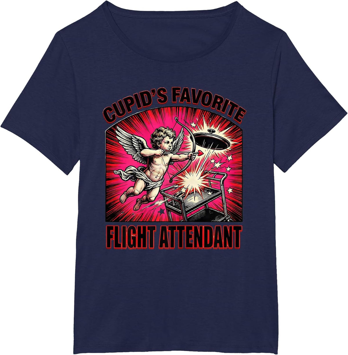 Women's Cupid's Favorite Flight Attendant Funny Valentine Angel T-Shirt - Navy Blue
