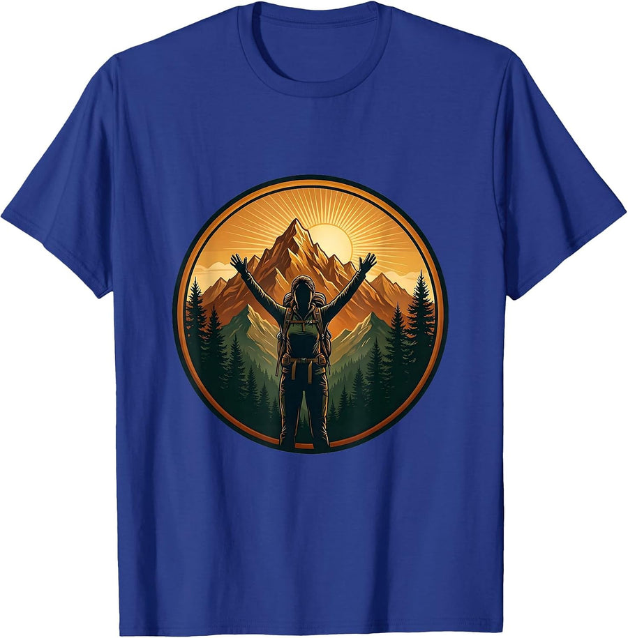 Hiker Silhouette Mountain Summit Camping Design T-Shirt - Royal Blue