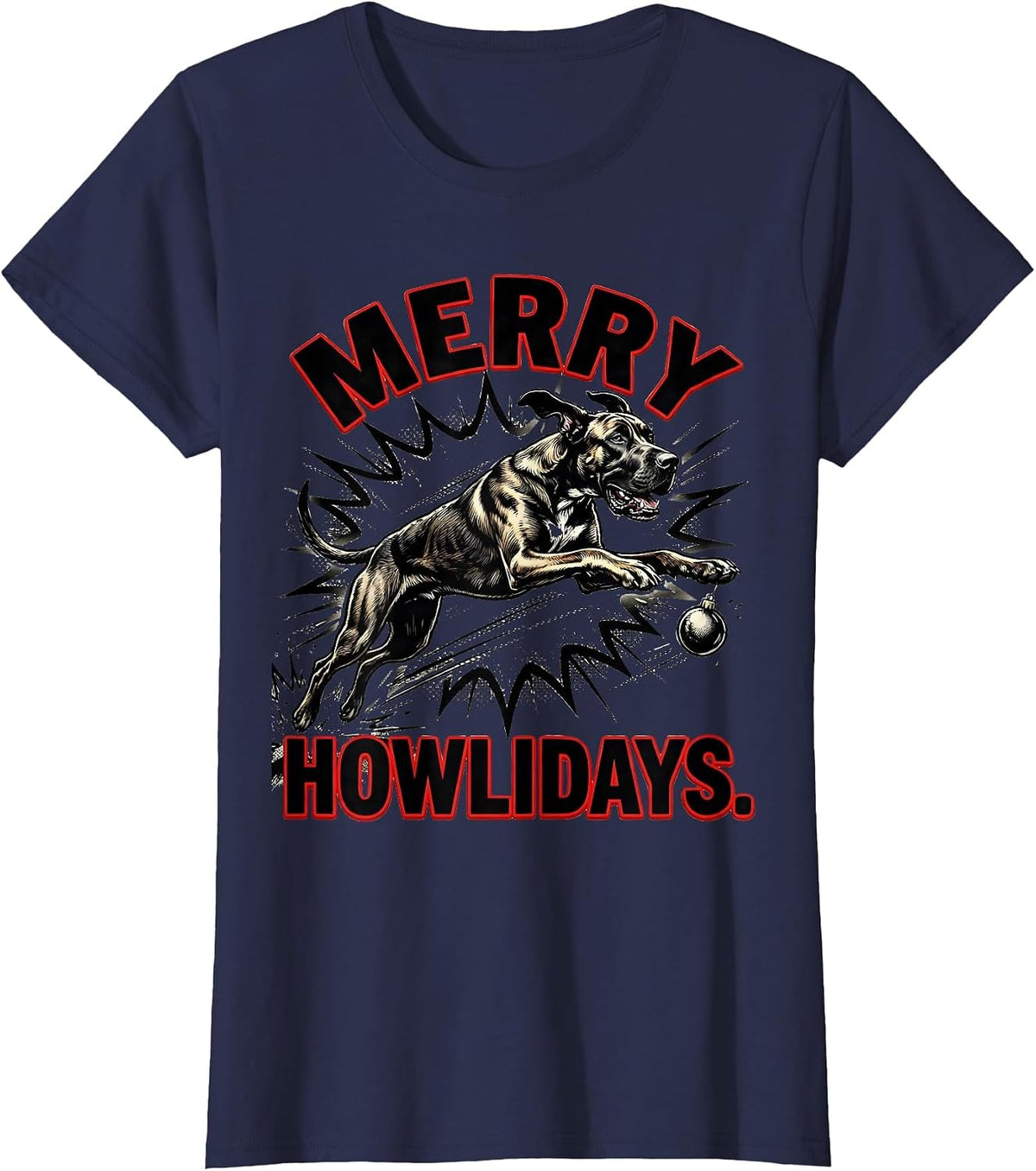 Women's Merry Howlidays Comic Book Great Dane Christmas Dog Lover T-Shirt - Navy Blue