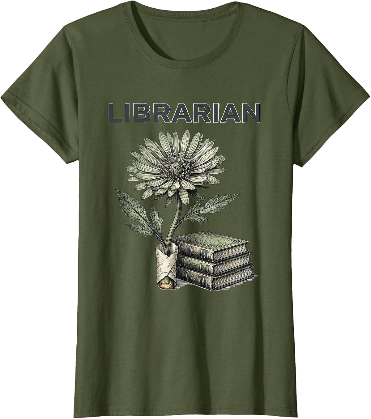 Women's Librarian Botanical Teacher Gift School Start Appreciation T-Shirt - Olive Green