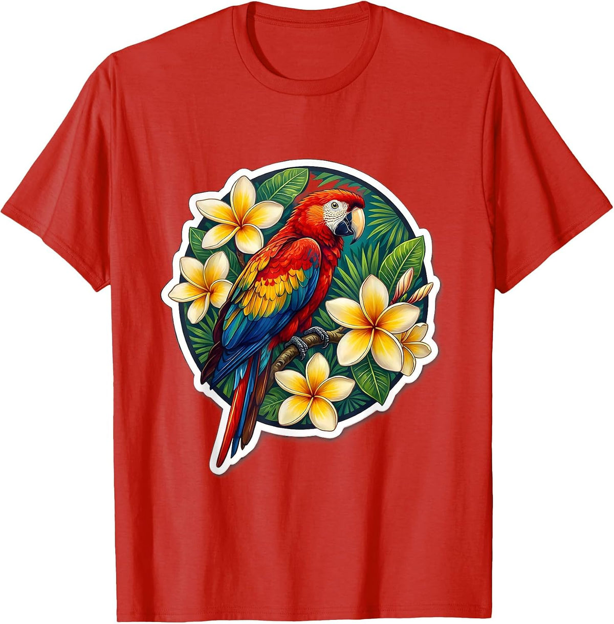 Men's Macaw Parrot Plumeria Hawaiian Floral Design T-Shirt - Red