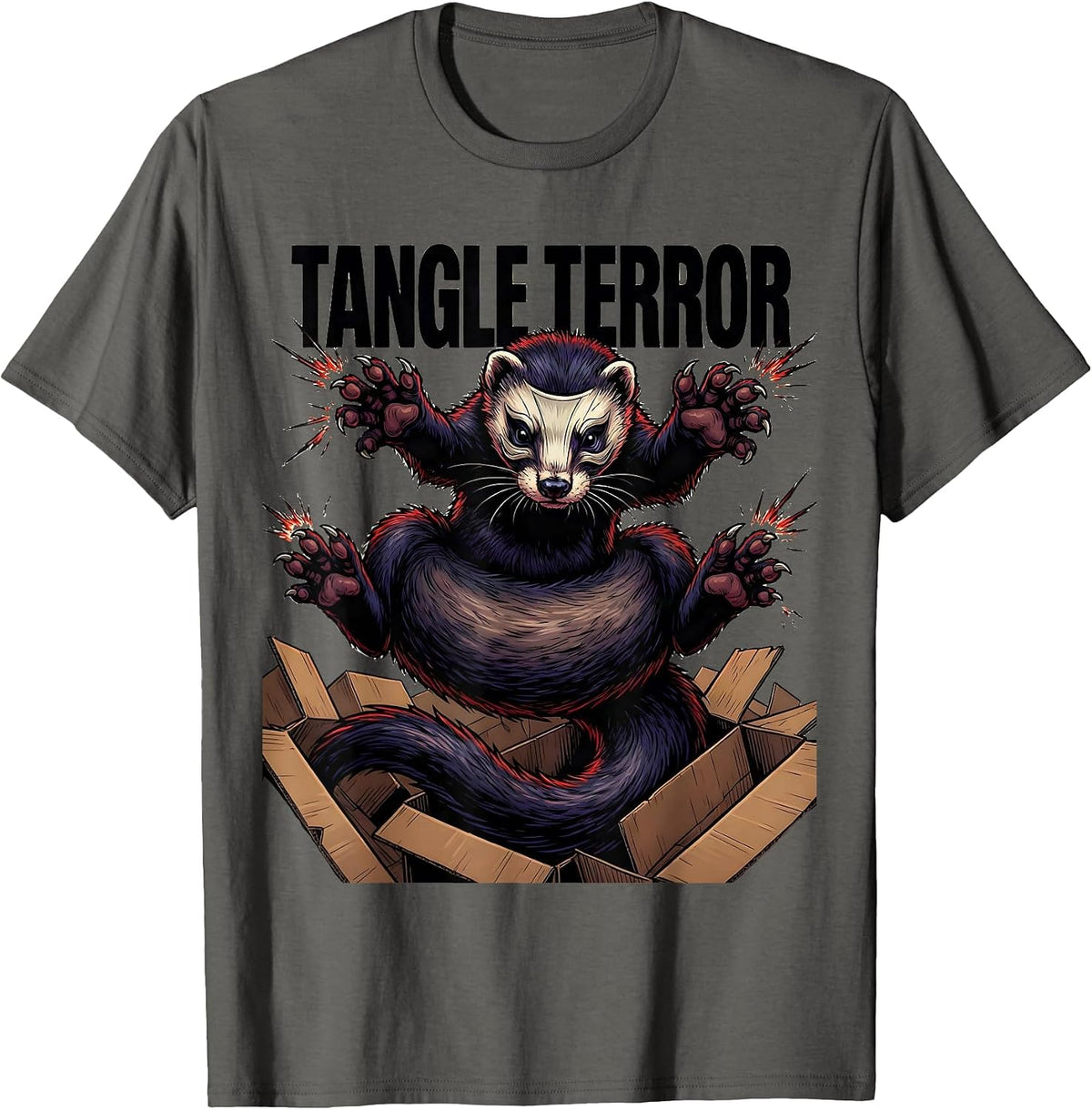 Men's Tangle Terror Cartoon Ferret Lover Gift Ferret Owner Humor T-Shirt - Asphalt Grey