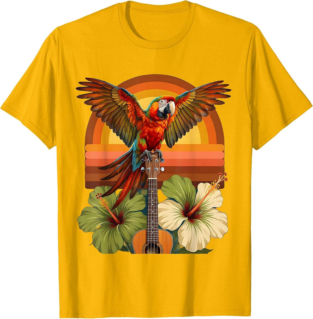 Tropical Parrot on Ukulele Hawaiian Graphic T-Shirt - Golden Yellow