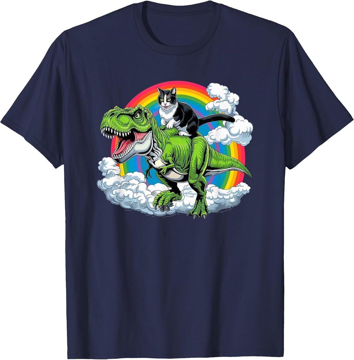 Funny Cat Riding Dinosaur T-Rex & Rainbow Cats Joke T-Shirt - Navy Blue