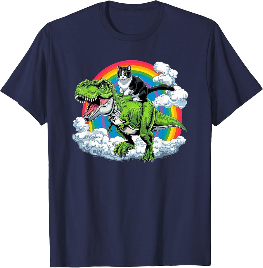 Funny Cat Riding Dinosaur T-Rex & Rainbow Cats Joke T-Shirt - Navy Blue