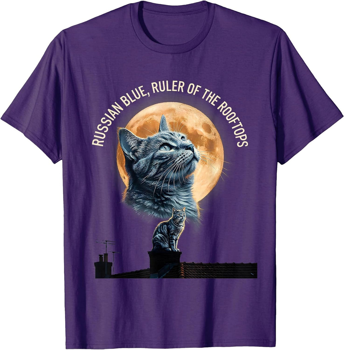 Russian Blue Ruler of the Rooftops 90s Retro Cat Art T-Shirt - Purple