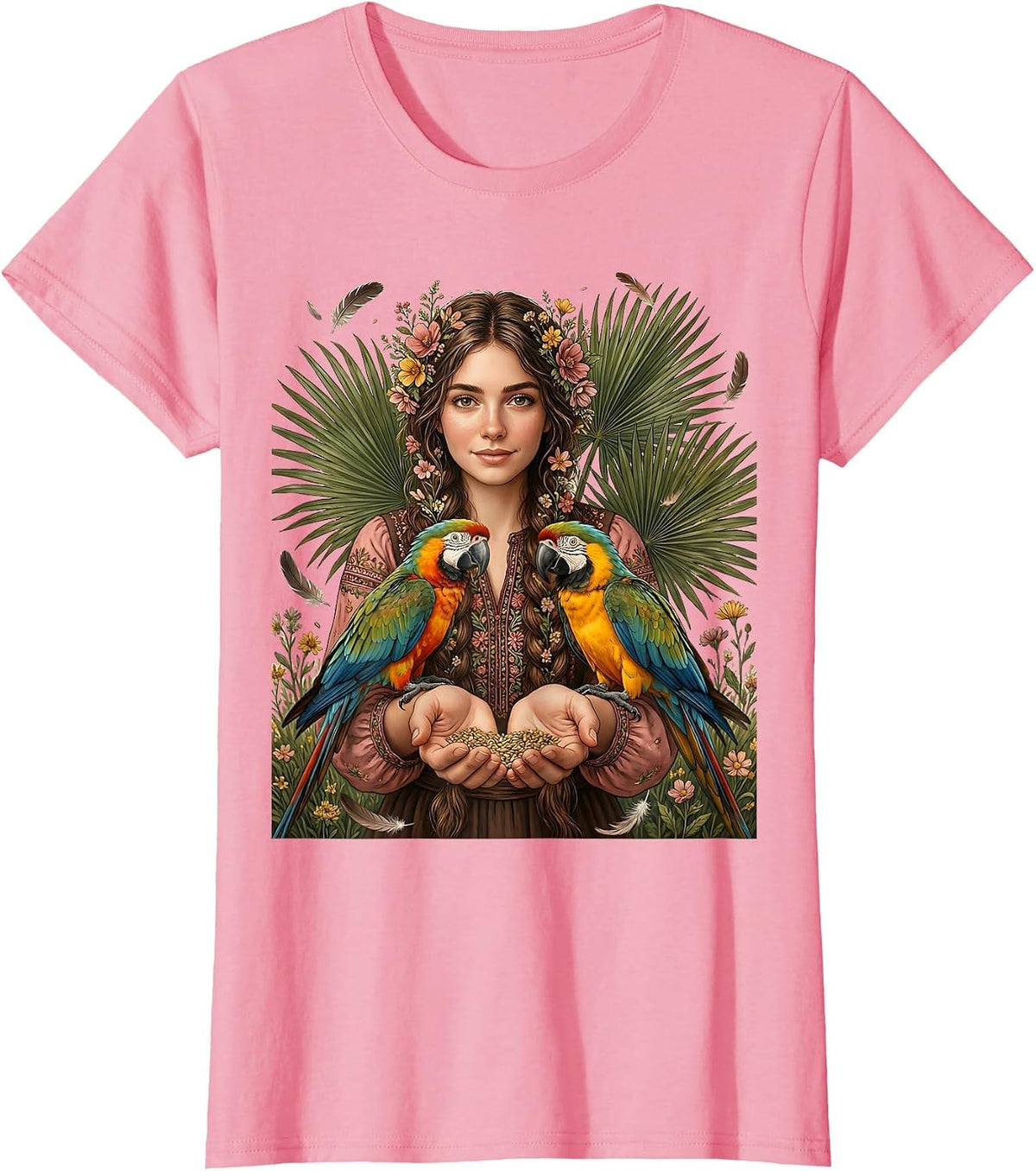 Women's Mexican Girl With Braids Feeding Colorful Parrots T-Shirt - Pink