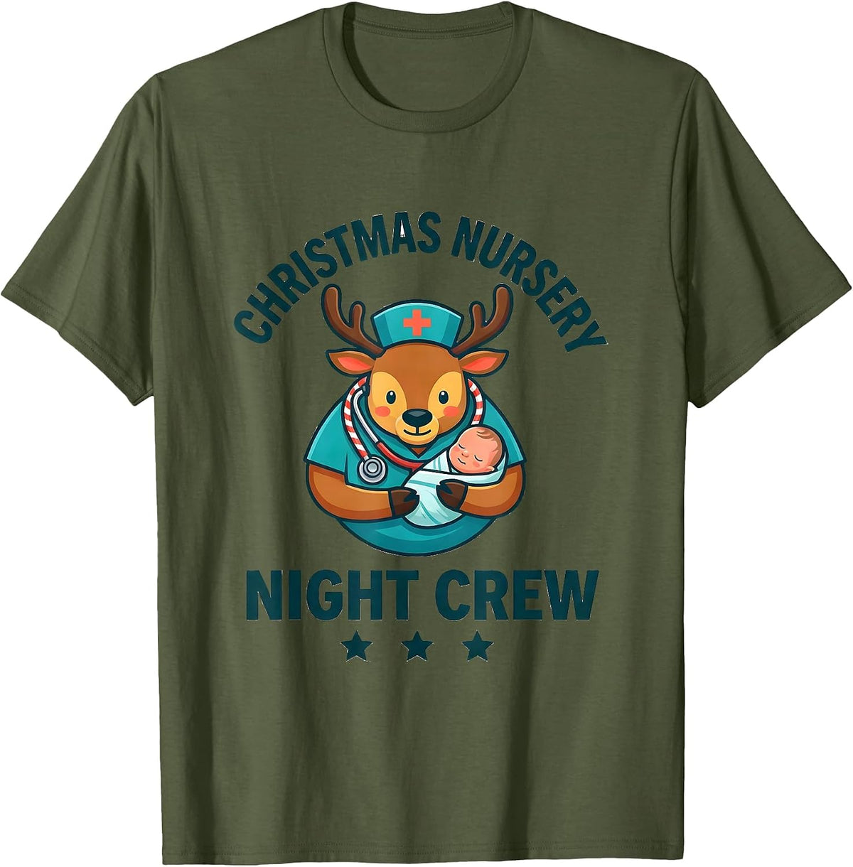 Men's Christmas Nursery Night Crew Funny Nurse Christmas ICU NICU T-Shirt - Olive Green