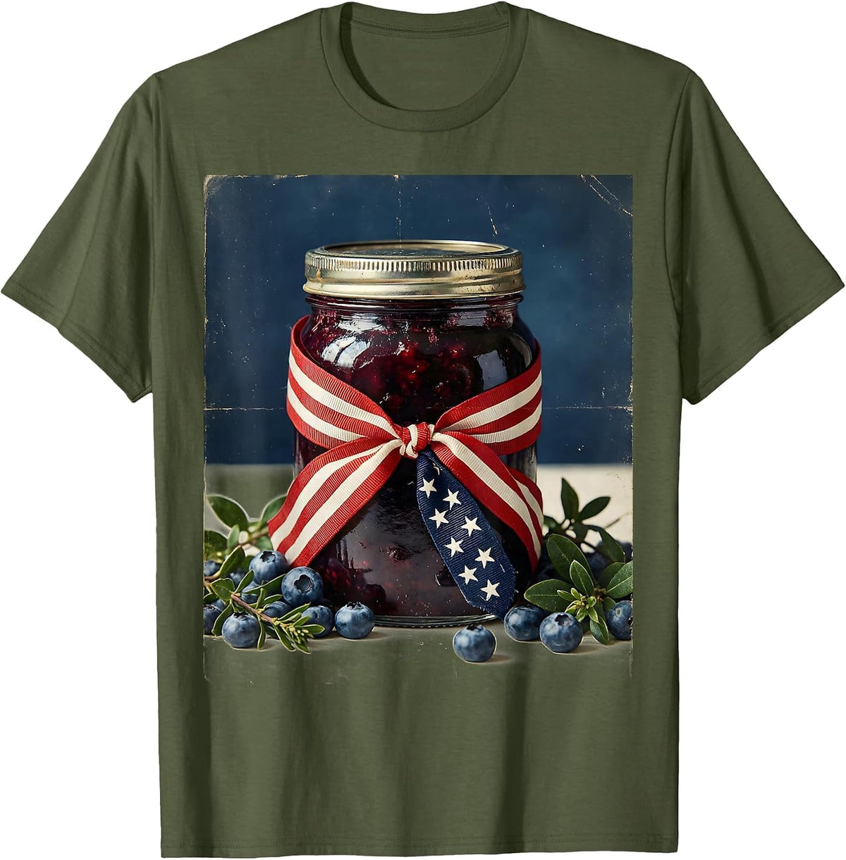 Red White and Blueberries Jam Jar Flag Ribbon T-Shirt, Men, Olive Green, Medium - As Pictured