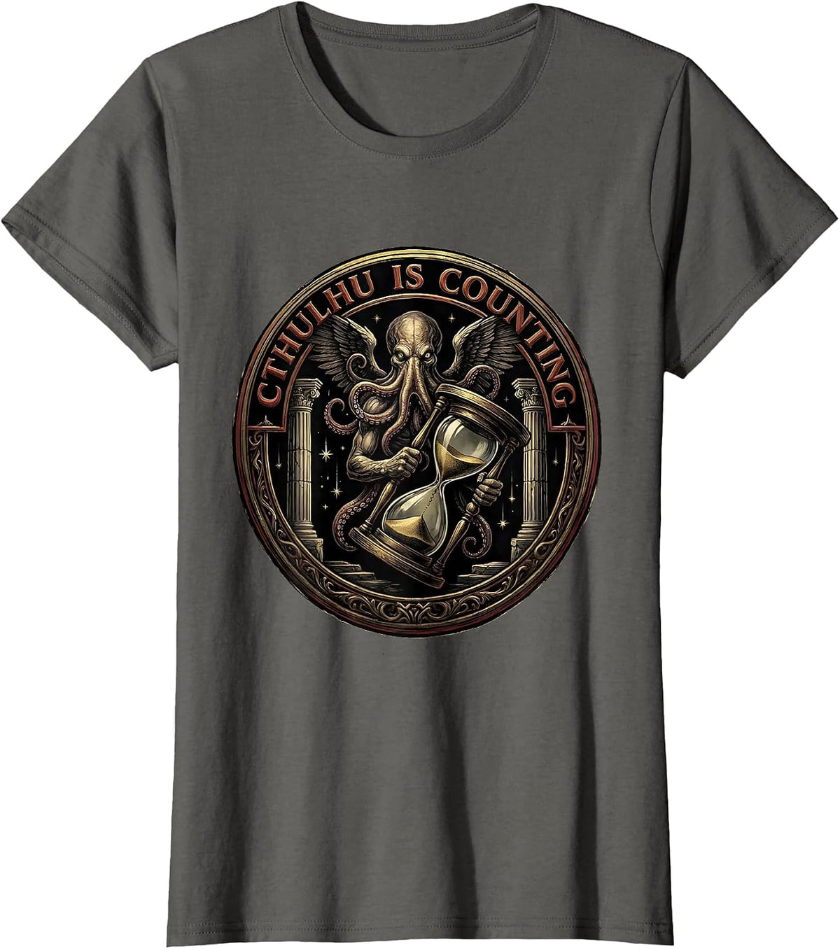 Women's Cthulhu Is Counting Cosmic Horror Parody Emblem T-Shirt - Asphalt Grey
