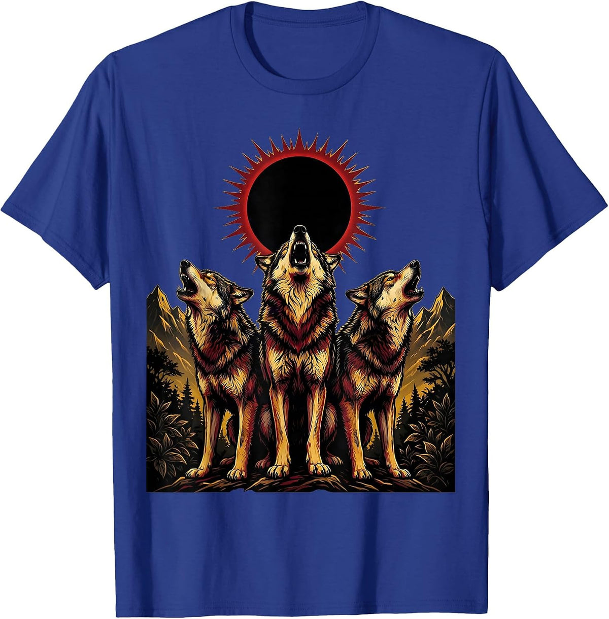 Three Wolves Howling at Eclipse Graphic T-Shirt - Royal Blue