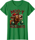 Women's Moo-y Holidays Whimsical Farm Animal Christmas Cow Lover T-Shirt - Kelly Green