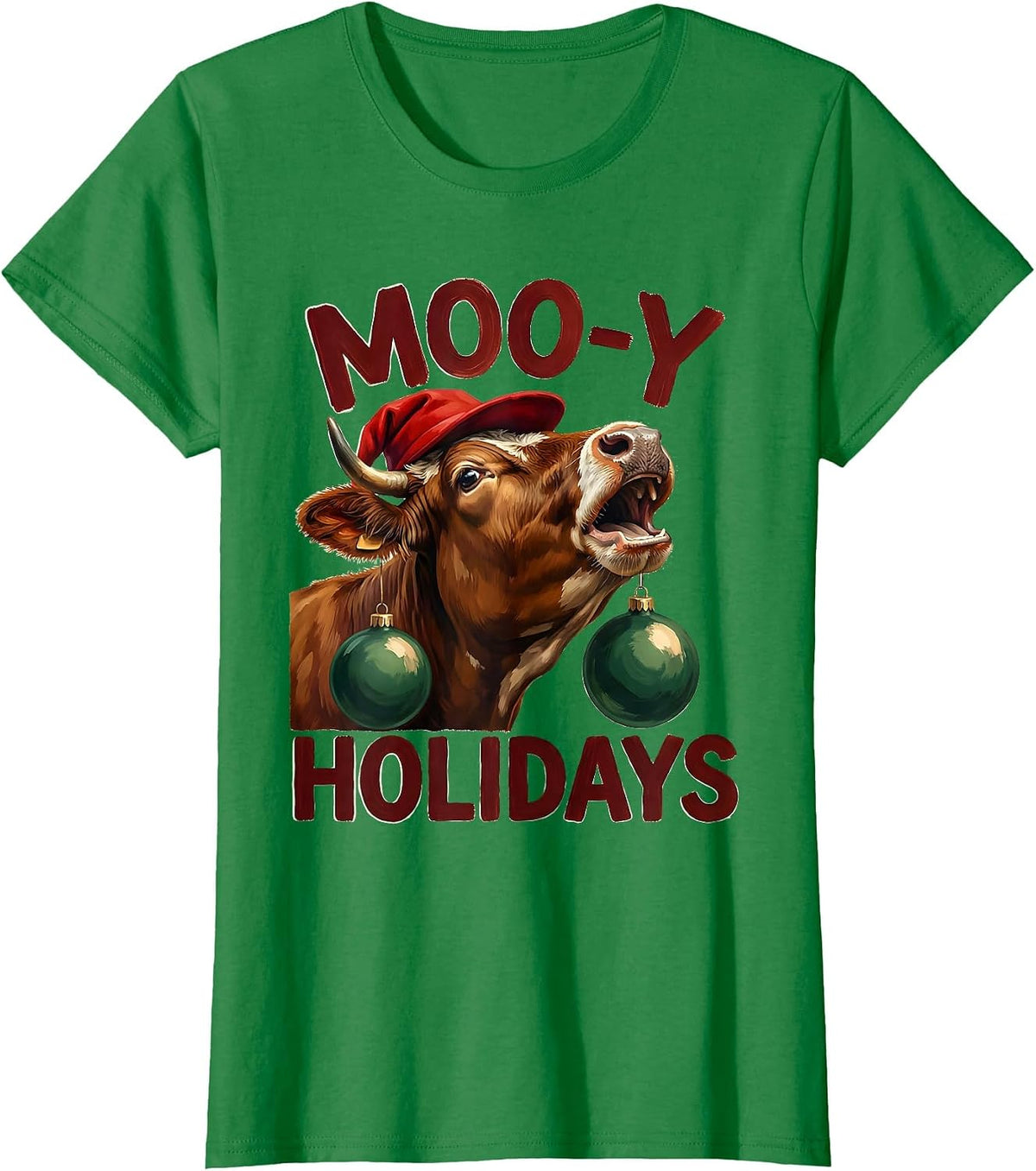 Women's Moo-y Holidays Whimsical Farm Animal Christmas Cow Lover T-Shirt - Kelly Green