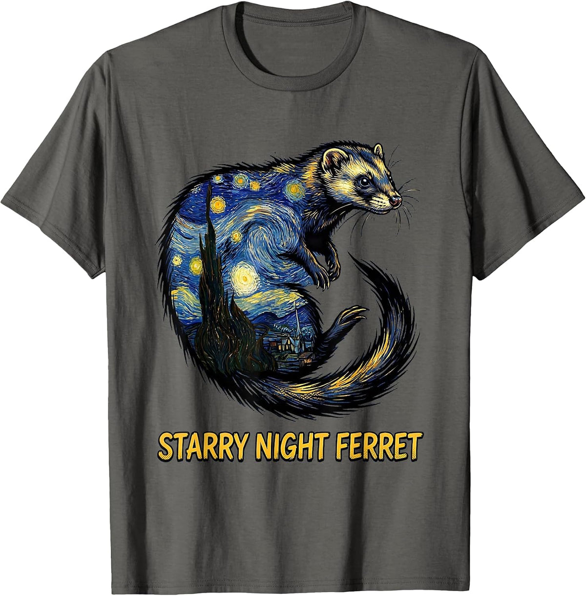 Men's Starry Night Ferret Comic Book Ferret Lover Art Homage T-Shirt - Asphalt Grey