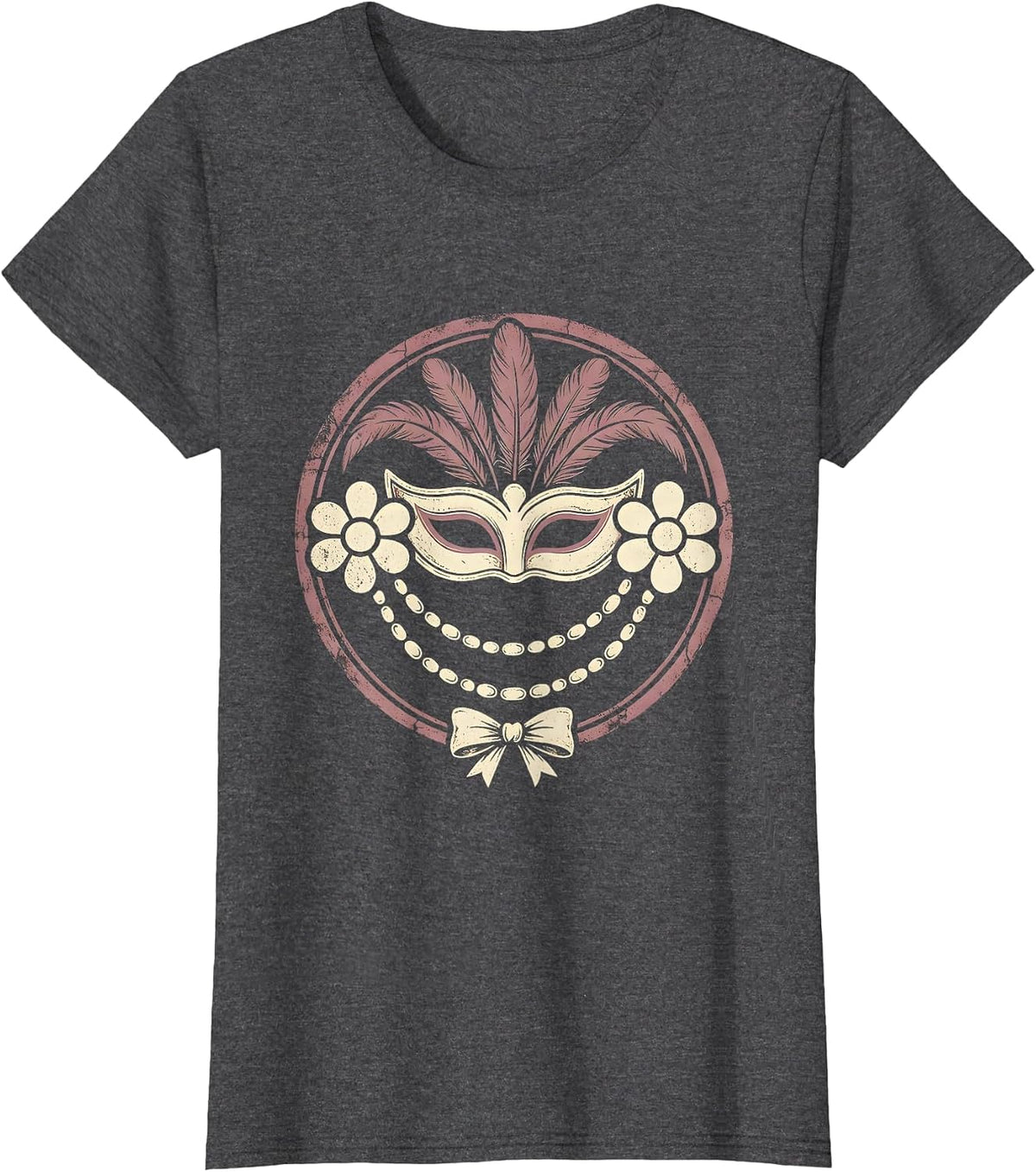 Women's Mardi Gras Masked Beauty Beads and Feathers T-Shirt - Dark Heather Grey