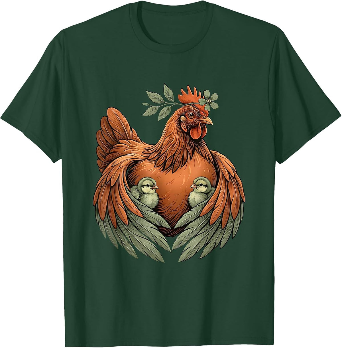 Mother Hen and Chicks Protective Love Illustration T-Shirt - Dark Green
