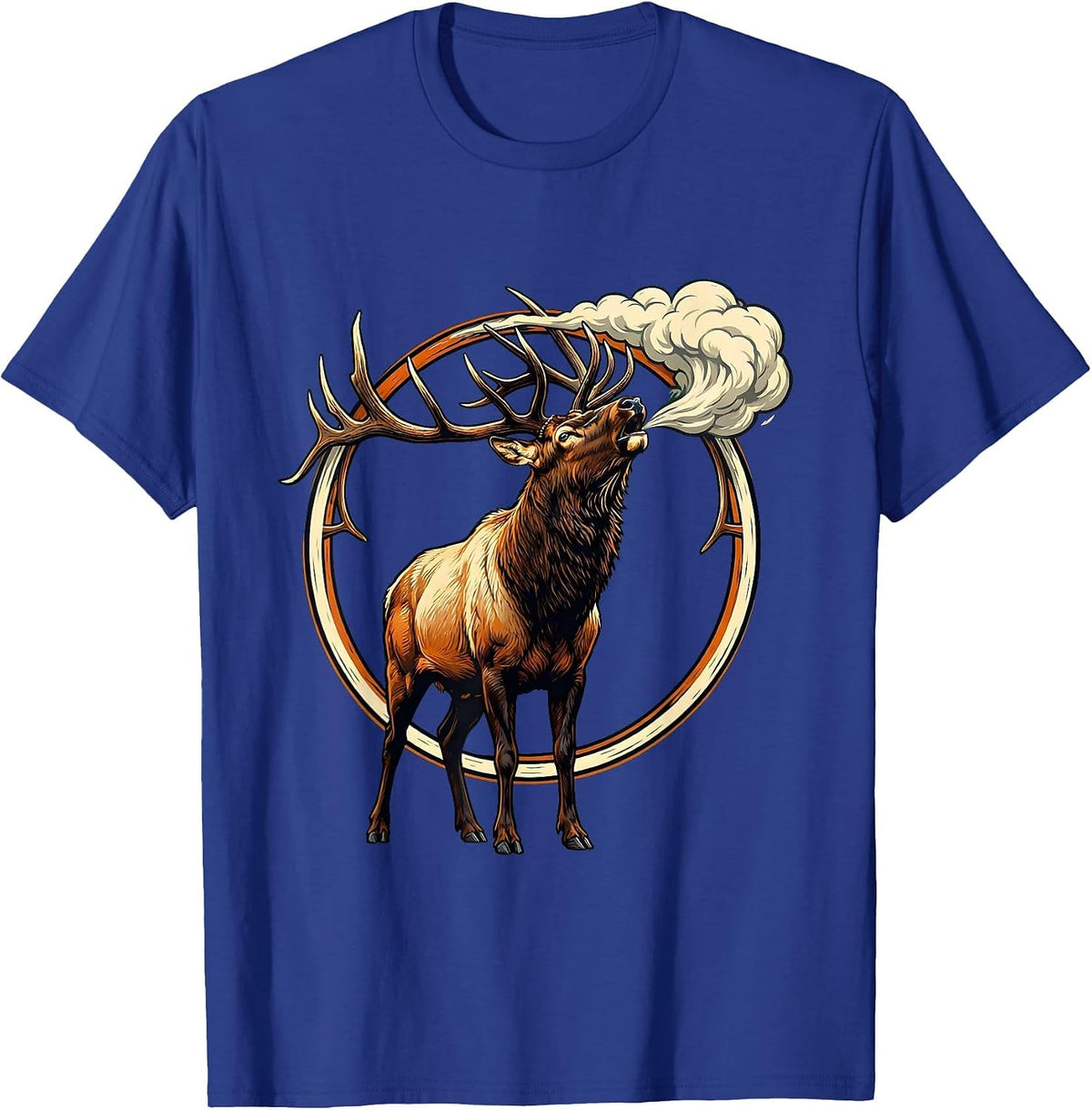 Men's Elk Bugling Breath Cloud Wildlife Hunting Graphic T-Shirt - Royal Blue