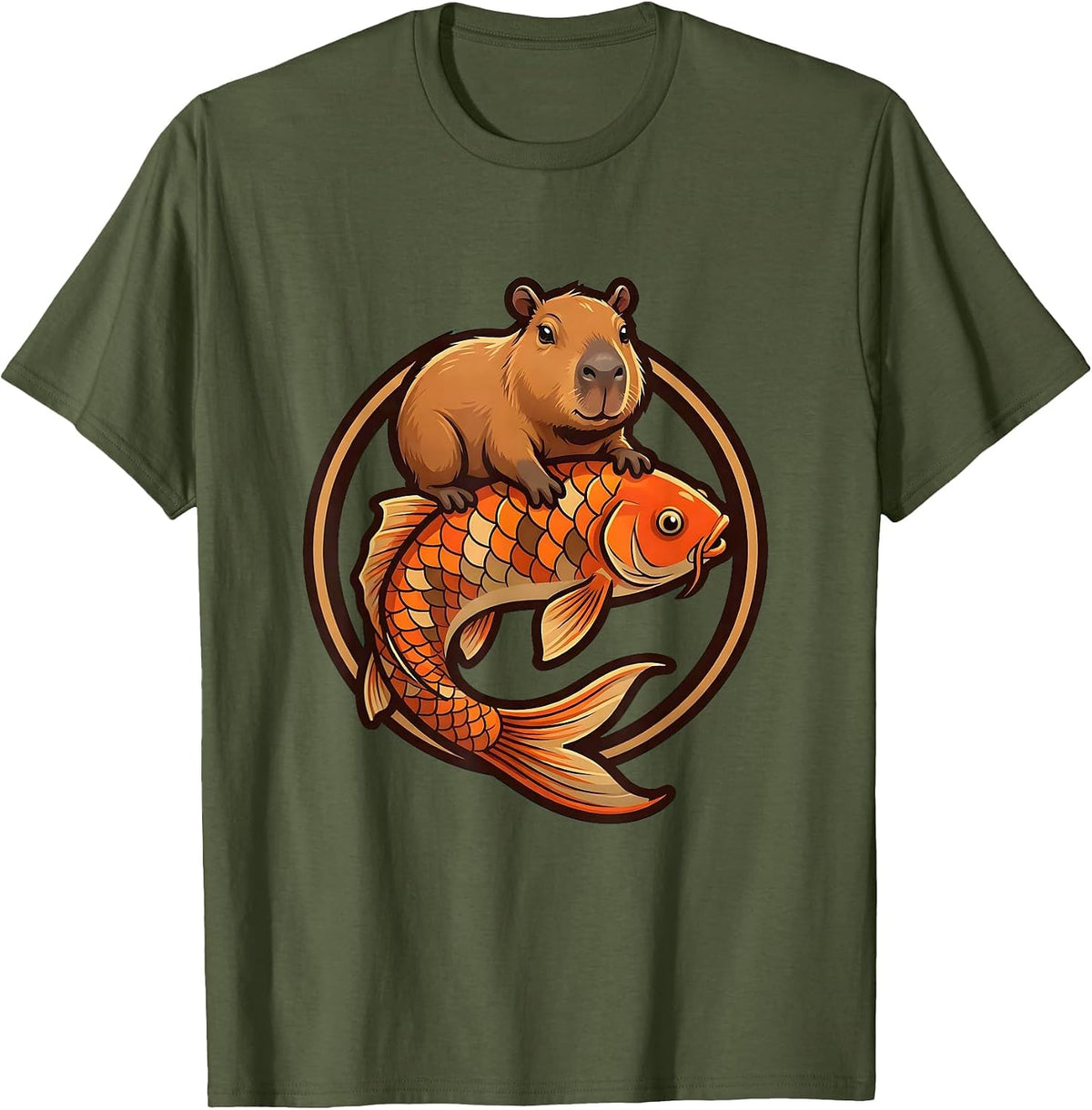 Capybara Riding Giant Koi Fish Graphic T-Shirt - Olive Green