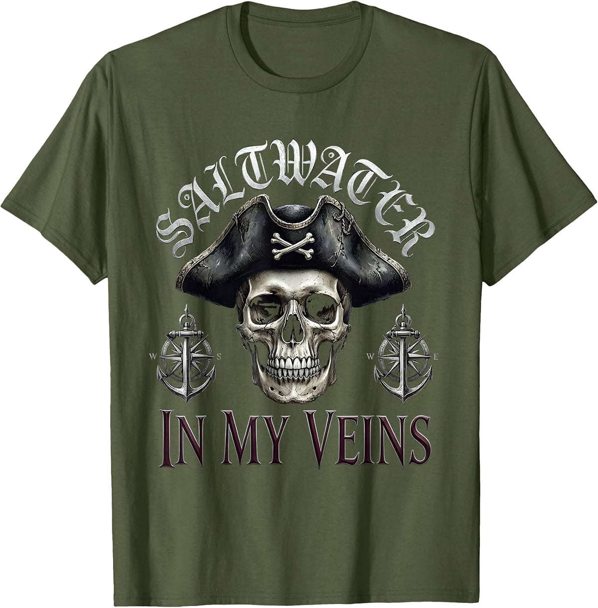 Saltwater In My Veins Pirate Nautical Design T-Shirt - Olive Green
