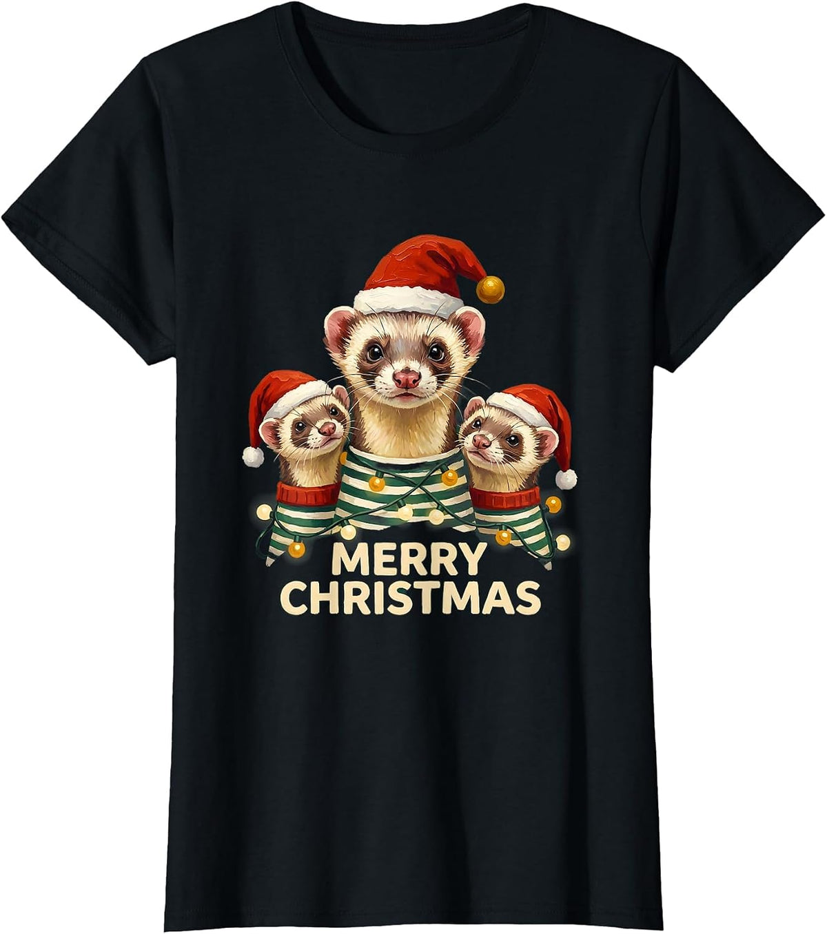 Merry Christmas Ferret Santa Hat Matching Family Pajama T-Shirt - Black