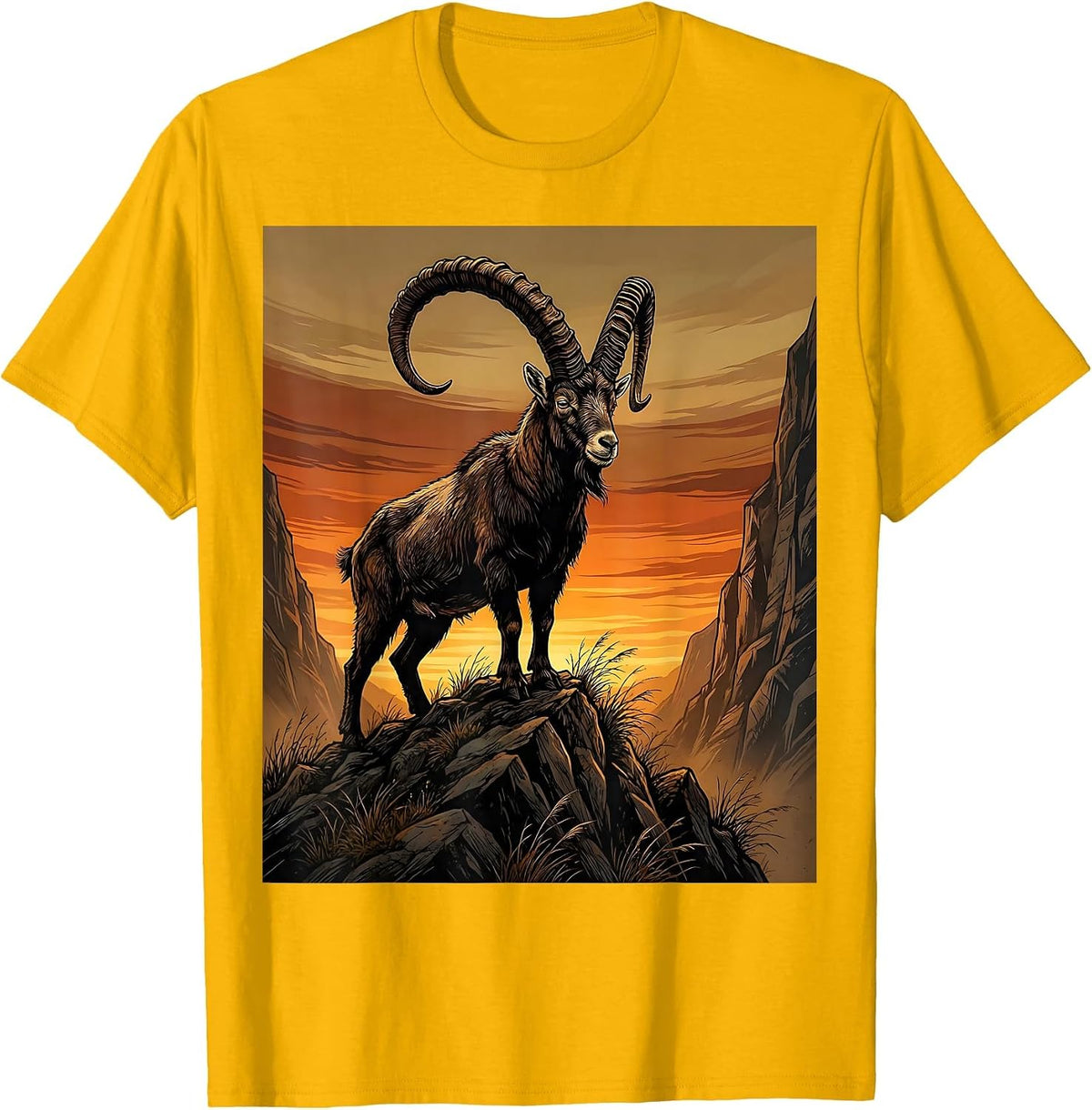 Capricorn Mountain Goat Autumn Sunset Zodiac T-Shirt - Golden Yellow