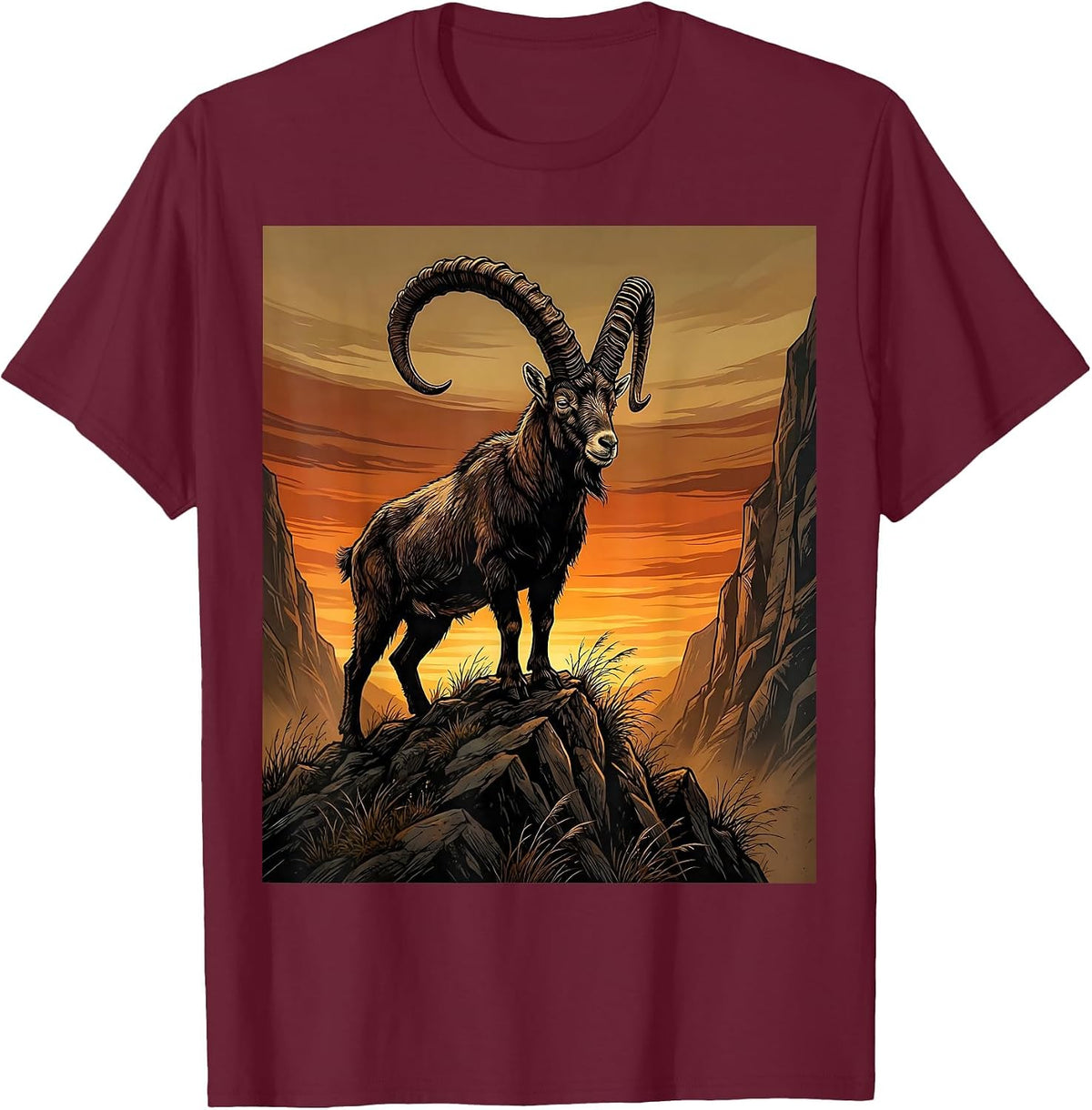 Capricorn Mountain Goat Autumn Sunset Zodiac T-Shirt - Burgundy