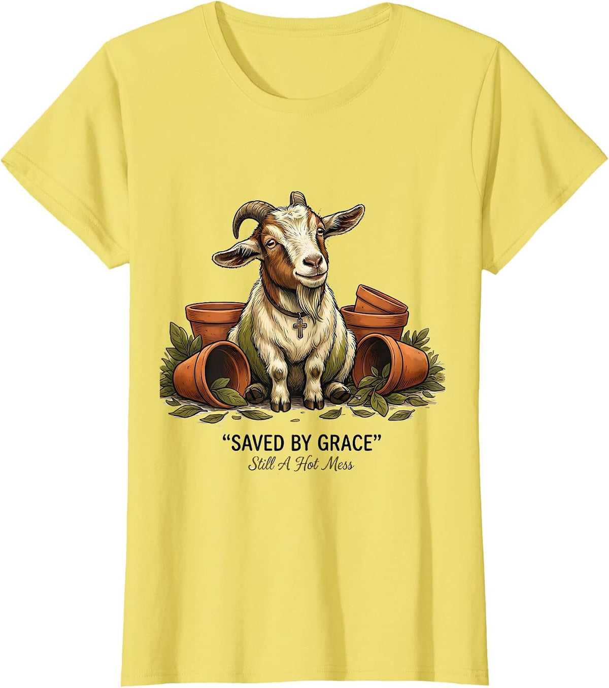 Saved By Grace Still A Hot Mess Funny Christian Goat Lover T-Shirt - Lemon Yellow