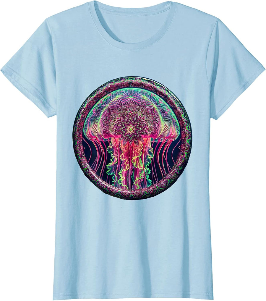 Women's Deep Sea Creature Glowing Star Patterns Art T-Shirt - Baby Blue