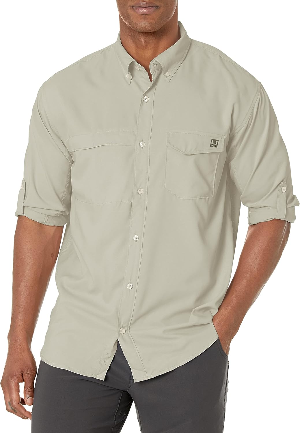 HUK Mens Tide Point Long Sleeve Shirt | Performance Button Down - Overcast Grey